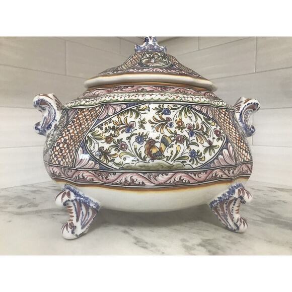 X-Large Hand Painted Floral Portugal Heavy Soup Tureen Bowl Signed - Picture 8 of 8